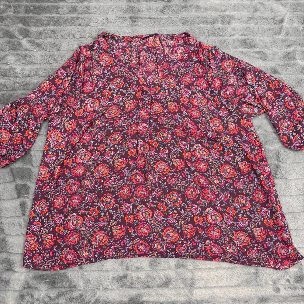 Tahari Woman Floral Paisley V-Neck Blouse Purple Orange 1X Plus Size 14803